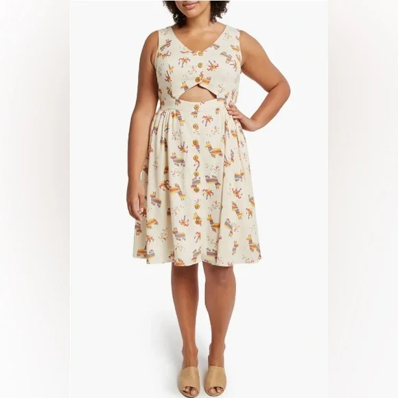 Modcloth Keeping On Cutout Pinata Print Dress A-Line Llama Rainbow Cream Size 1X - Picture 5 of 11